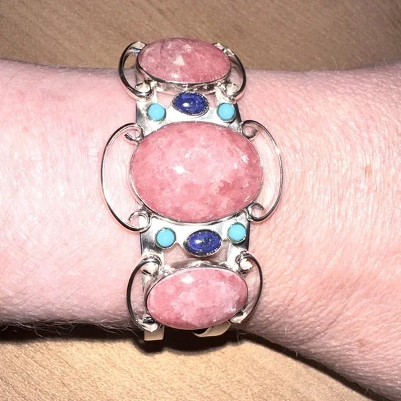 Rhodochrosite with small turquoise & lapis accents sterling silver cuff - Picture 4 of 10